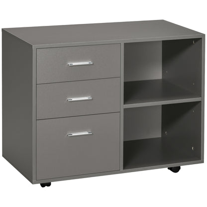 HOMCOM Freestanding Printer Stand Unit Office Desk Side Mobile Storage w/ Wheels 3 Drawers, 2 Open Shelves Modern Style 80L x 40W x 65H cm - Grey 