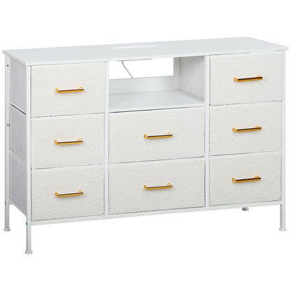 HOMCOM Boucle Chest of Drawers, 8 Fabric Drawers Storage Organiser with Charging Station, 2 USB and 2 AC Ports, Steel Frame, Fabric Dresser for Living Room, Bedroom, Hallway, Cream White 