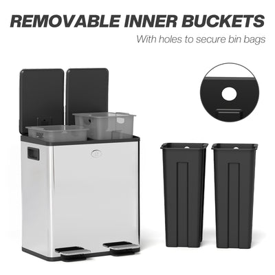 HOMCOM 40L Dual Compartment Stainless Steel Bin, with Deodoriser Holders - Silver Tone 
