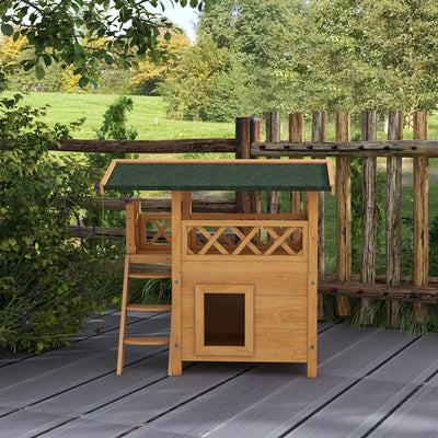 PawHut Cat House Outdoor w/ Balcony Stairs Roof, 77 x 50 x 73 cm, Natural Wood Finish 
