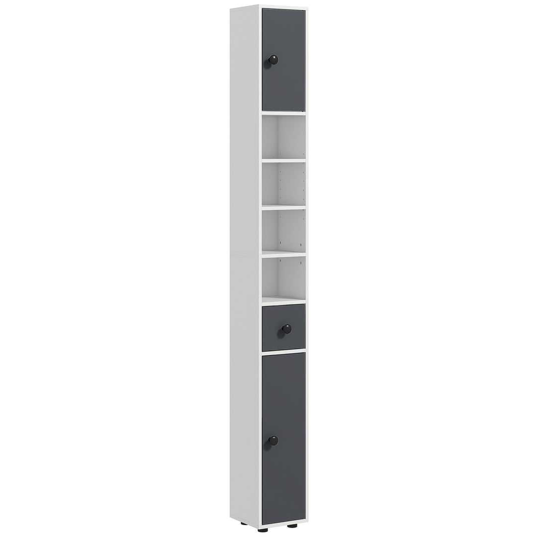 kleankin 180cm Slim Bathroom Cabinet, with Drawer, Shelves and Cupboards - Grey 