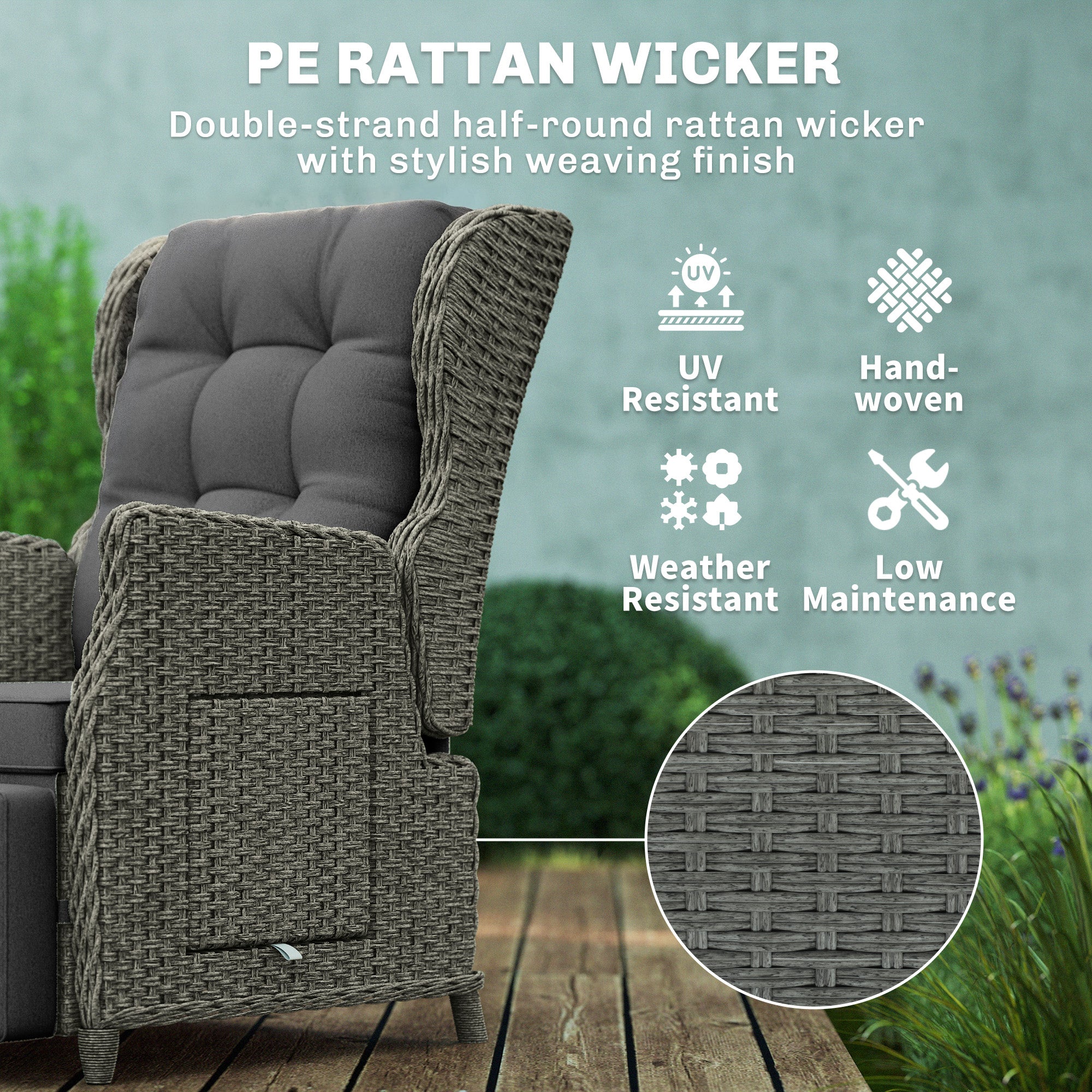 Outsunny Rattan Garden Recliner Chair, Reclining Garden Chair with Adjustable Back and Footrest, Flip Table, Cushion, Dark Grey 