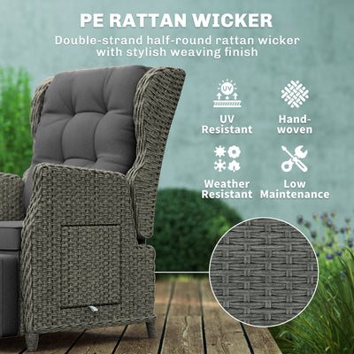 Outsunny Rattan Garden Recliner Chair, Reclining Garden Chair with Adjustable Back and Footrest, Flip Table, Cushion, Dark Grey 