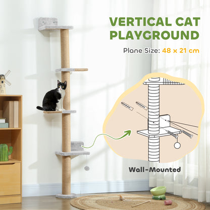 PawHut Wall Mounted Cat Shelves, Cat Climbing Wall with 4 Climbing Platforms, Jute Scratching Post and Toy Ball,180cm Tall, Light Grey