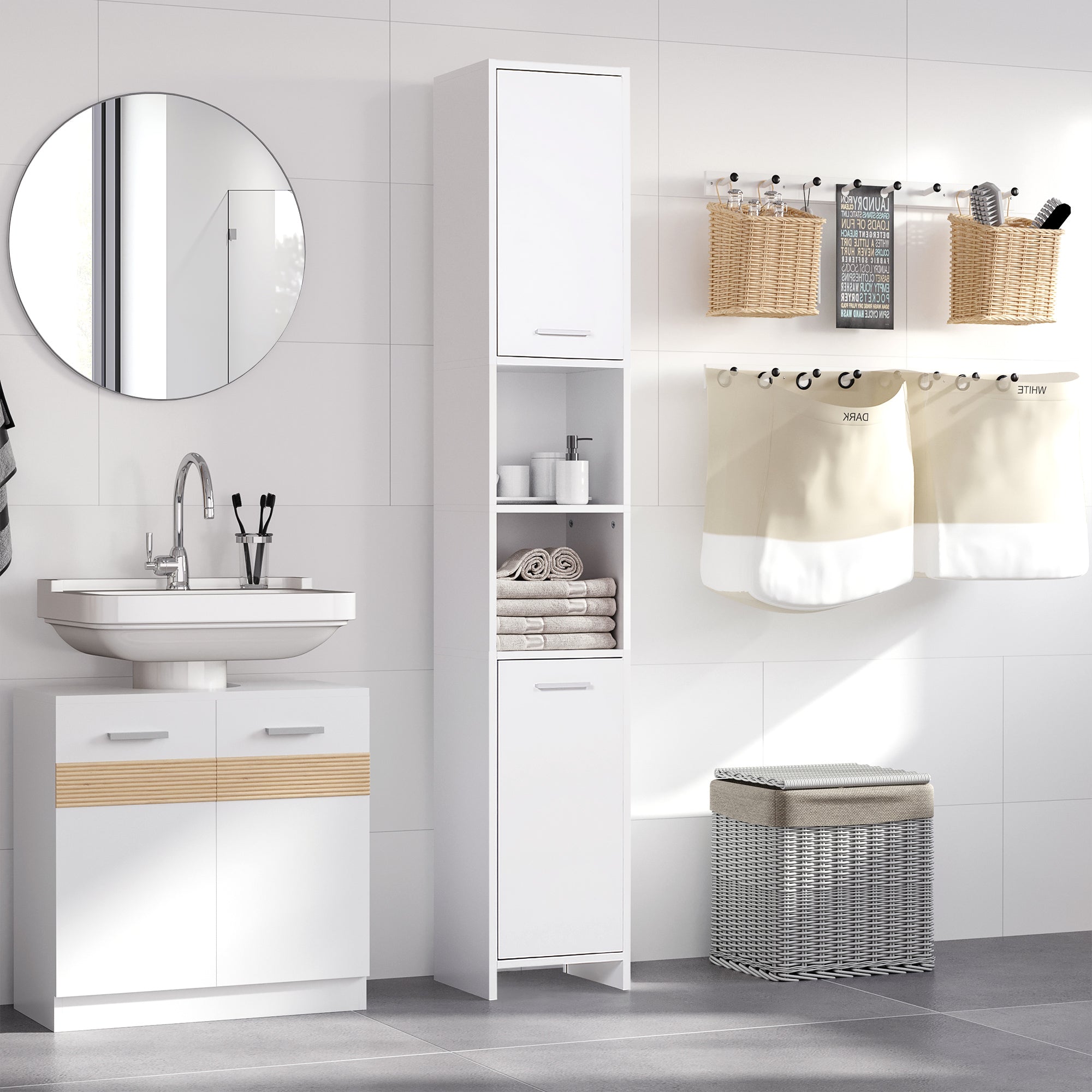 HOMCOM Bathroom Floor Storage Cabinet Slim Tallboy w/ Door Cupboard & Shelves For Living Room, Bedroom, Hallway White 