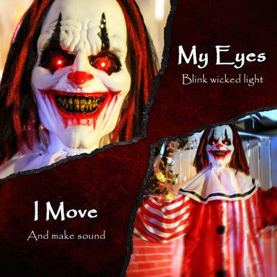 Outsunny 165 cm Life Size Halloween Animated Clown with Red Light Up Eyes, Sound Activated Moving Body, Scary Clown Halloween Decorations, Battery Operated, Indoor Party Props 