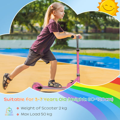 HOMCOM Kids Scooter, with Lights, Music, Adjustable Height, Foldable Frame, for Ages 3-7 Years - Pink 