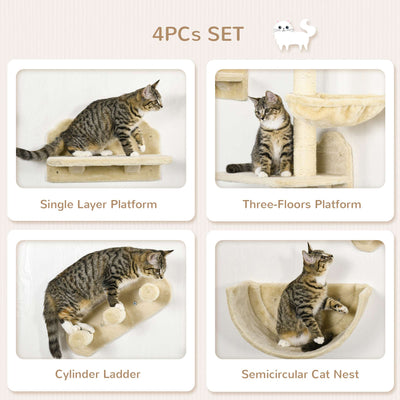 PawHut 4PCs Wall-Mounted Cat Shelves w/ Scratching Post, Hammock, Nest - Beige 