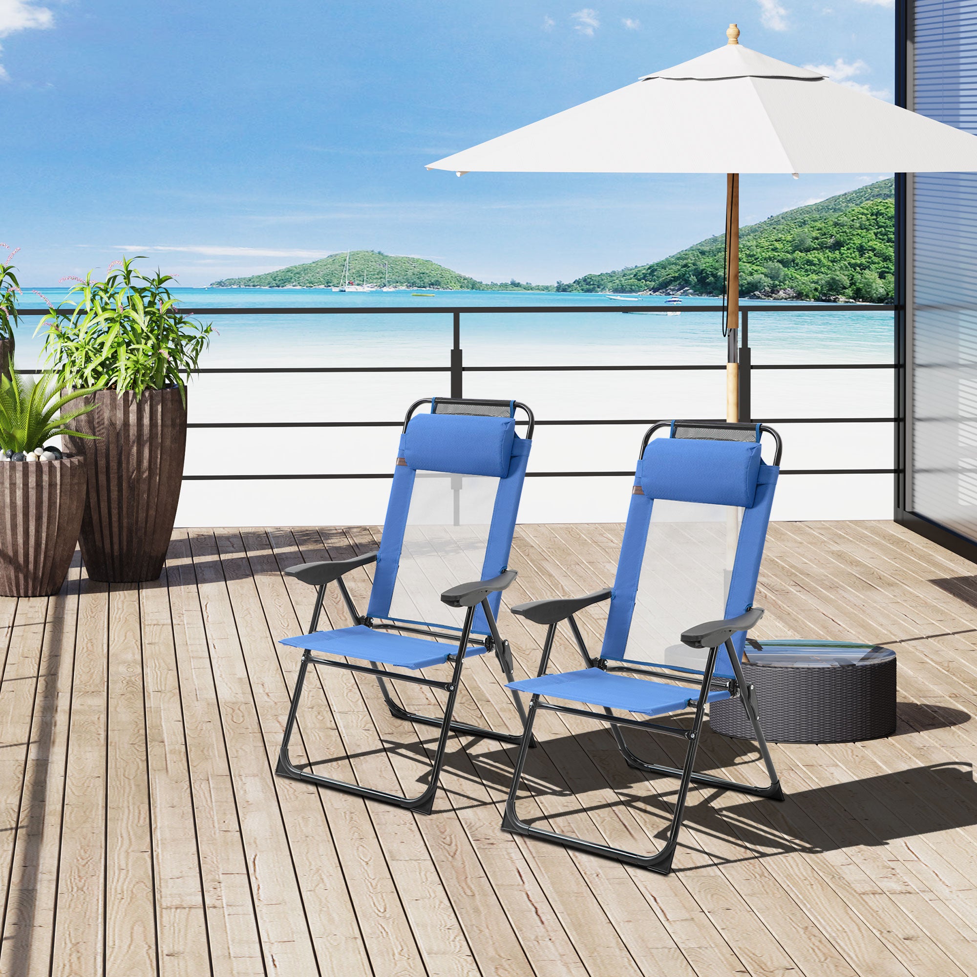 Outsunny Folding Garden Chairs Set of 2, 5-Position Recliner Camping Chair with High Back, All Weather Texteline Seat, Portable Outdoor Dining Chairs with Headrests for Patio, Picnic, Blue 
