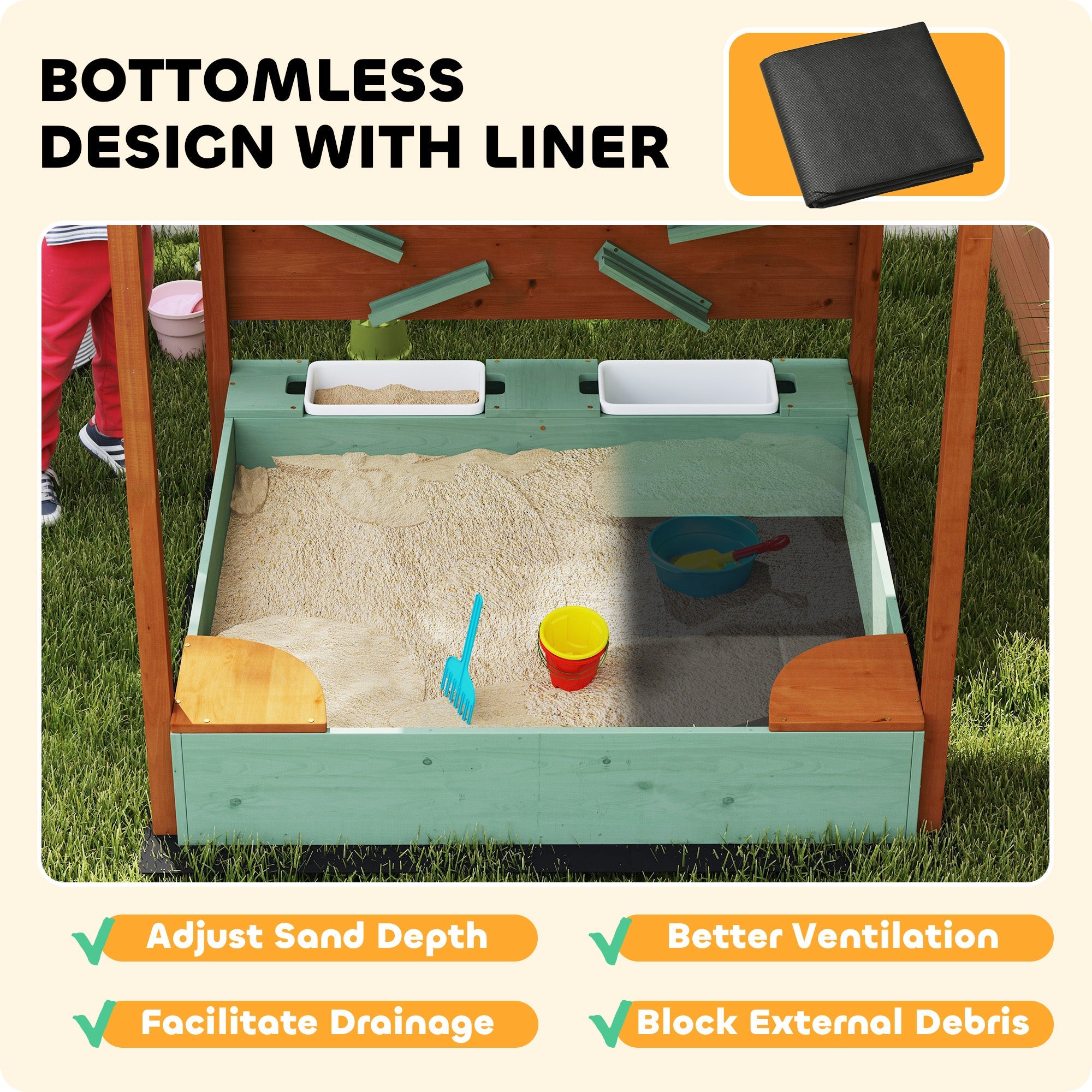 AIYAPLAY Wood Sandpit with Canopy, Storage Bins, Funnel, Liner, Chutes, Bucket with Tap, 116 x 112.5 x 128 cm, Green 