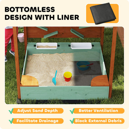 AIYAPLAY Wood Sandpit with Canopy, Storage Bins, Funnel, Liner, Chutes, Bucket with Tap, 116 x 112.5 x 128 cm, Green 