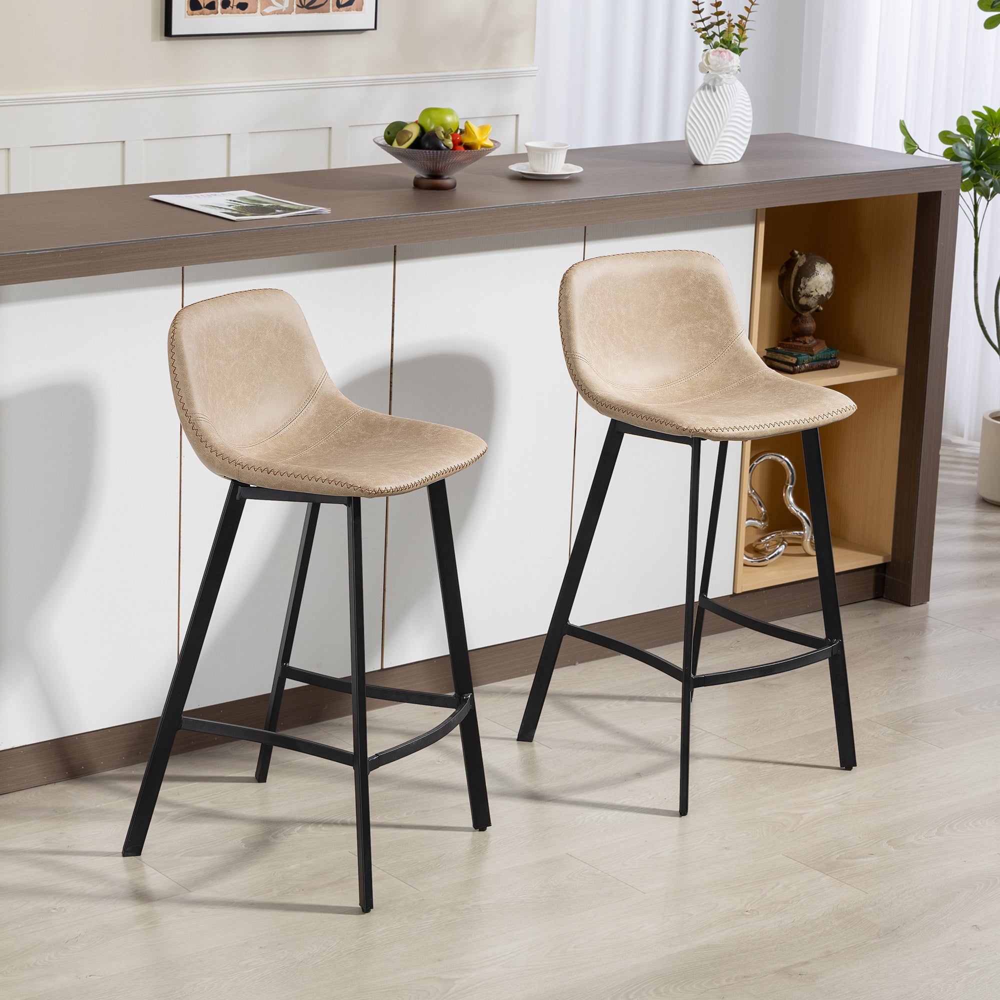 HOMCOM Bar Stools Set of 2, PU Leather Dining Stools with Backrest, Footrest, for Kitchen, Counter, Breakfast Bar, Light Brown 