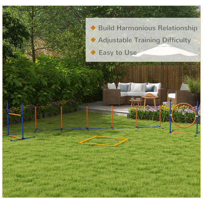 PawHut Dog Agility Training Equipment with Weave Poles, Jump Ring, Pause Box, Adjustable Hurdle, Carry Bag, Orange 