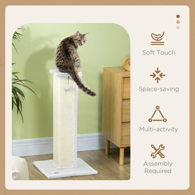 PawHut 81cm Cat Scratcher, Vertical Full Scratcher w/ Natural Sisal Rope, Hanging Ball, Soft Plush - White 