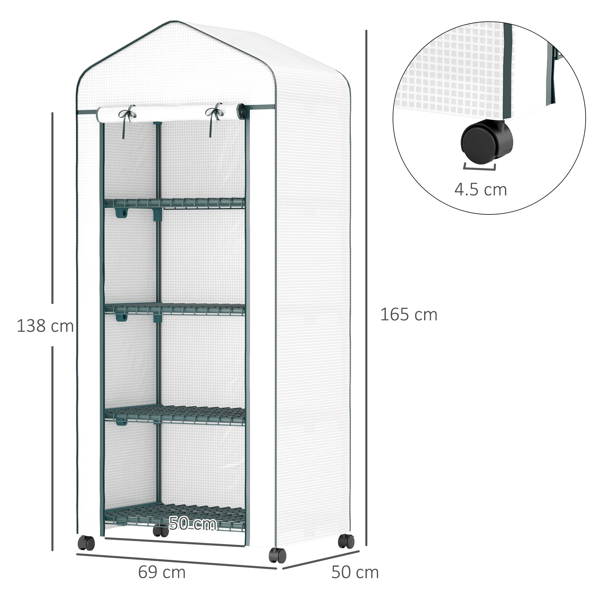 Outsunny 4 Tier Mini Portable Greenhouse Compact Plant Grow Shed Metal Frame PE Cover with Lockable Rolling Wheels, White