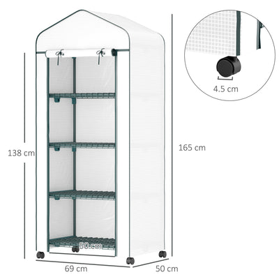 Outsunny 4 Tier Mini Portable Greenhouse Compact Plant Grow Shed Metal Frame PE Cover with Lockable Rolling Wheels, White