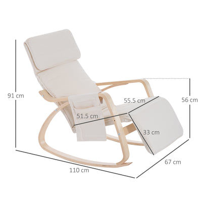 HOMCOM Rocking Lounge Chair Recliner Relaxation Lounging Relaxing Seat with Adjustable Footrest, Side Pocket and Pillow, Cream White 