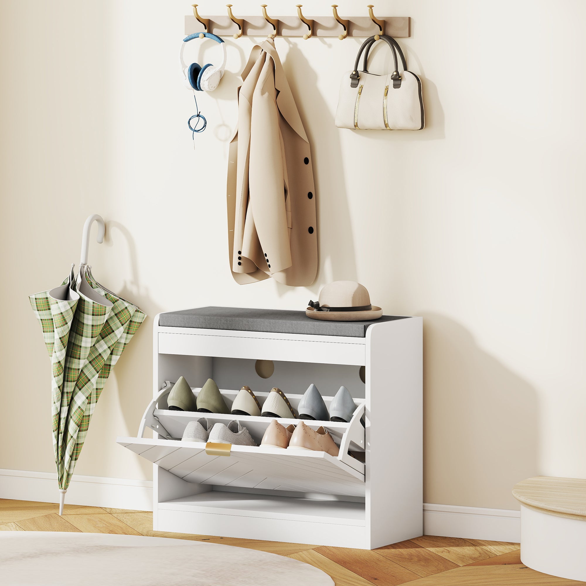 HOMCOM Shoe Storage with Seat, Upholstered Entryway Bench, Shoe Bench with 1 Flip Drawer and 4 Vents for 5 Pairs of Shoes 