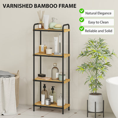 HOMCOM 4-Tier Bamboo Bathroom Storage Shelf, Freestanding Narrow Shelving Unit with Slatted Shelves for Kitchen Bathroom Living Room, 41.5 x 21.5 x 106 cm, Natural and Black 