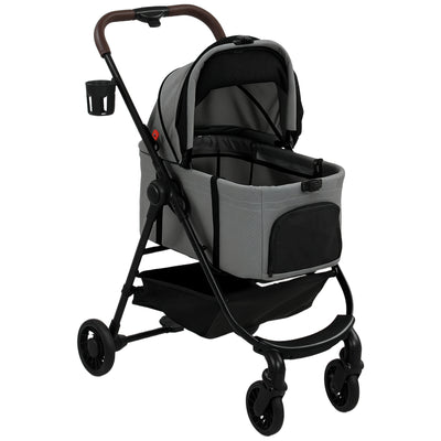 PawHut Dog Stroller, 3 in 1 Foldable Pet Stroller for Small Puppy Cat with Detachable Travel Carrier, Storage Basket, Grey