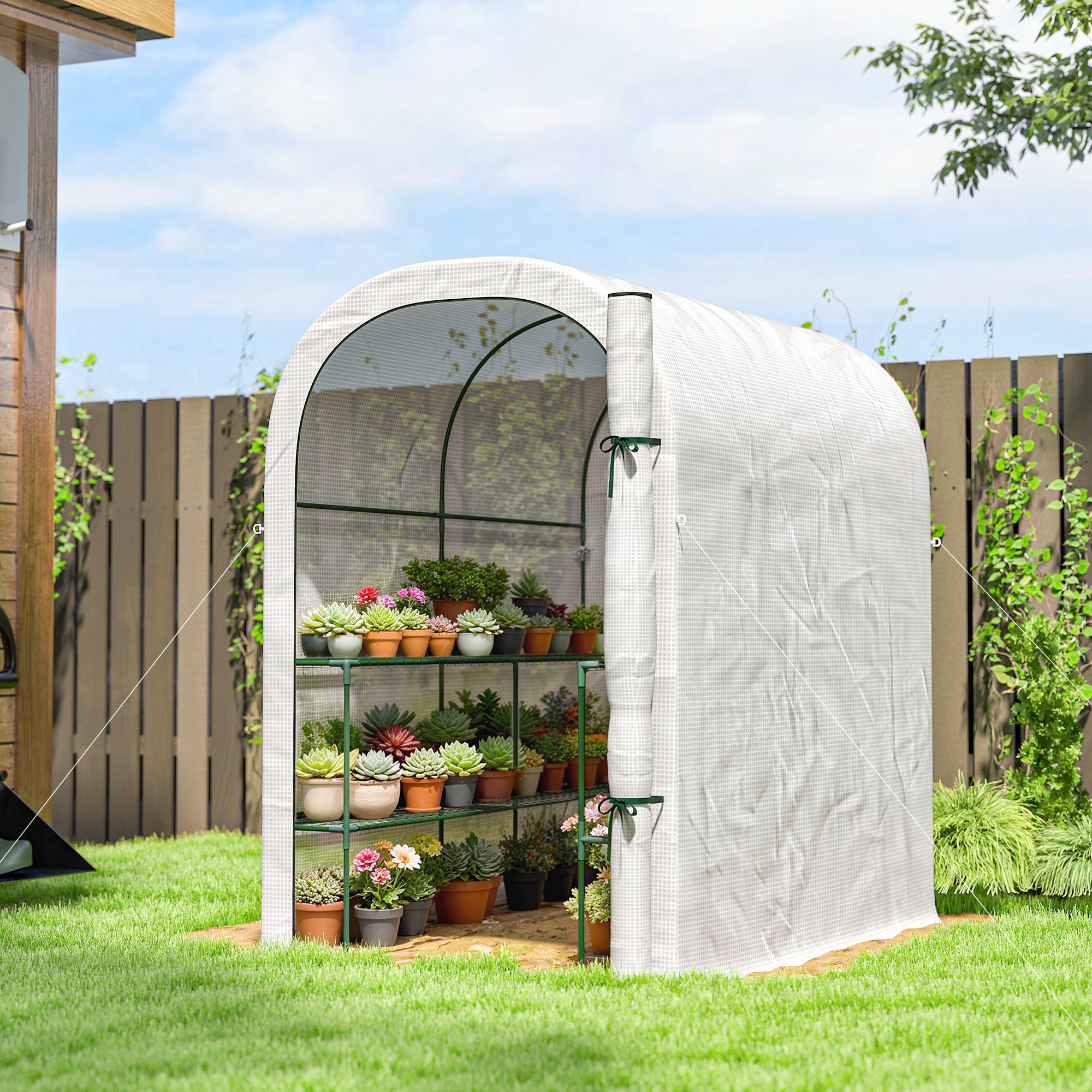 Outsunny Walk-in Greenhouse with Shelves, Small Greenhouse with PE Cover and Roll-up Door, 123 x 187 x 189 cm, White 