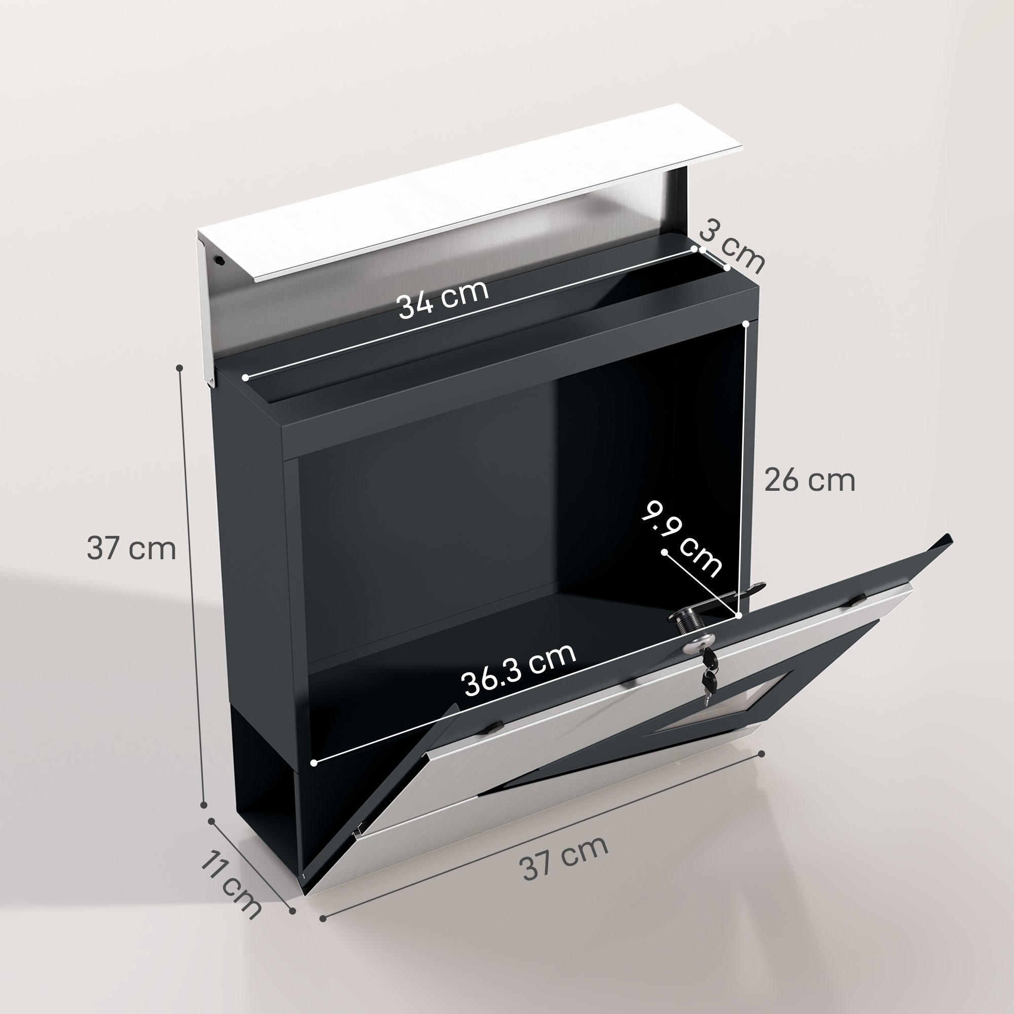 HOMCOM Wall Mounted Post Box with Viewing Window, 2 Lock, Modern Galvanised Steel Mailbox with Copper Core, Weatherproof Letterbox for Outdoor Use, Easy to Install, Silver 