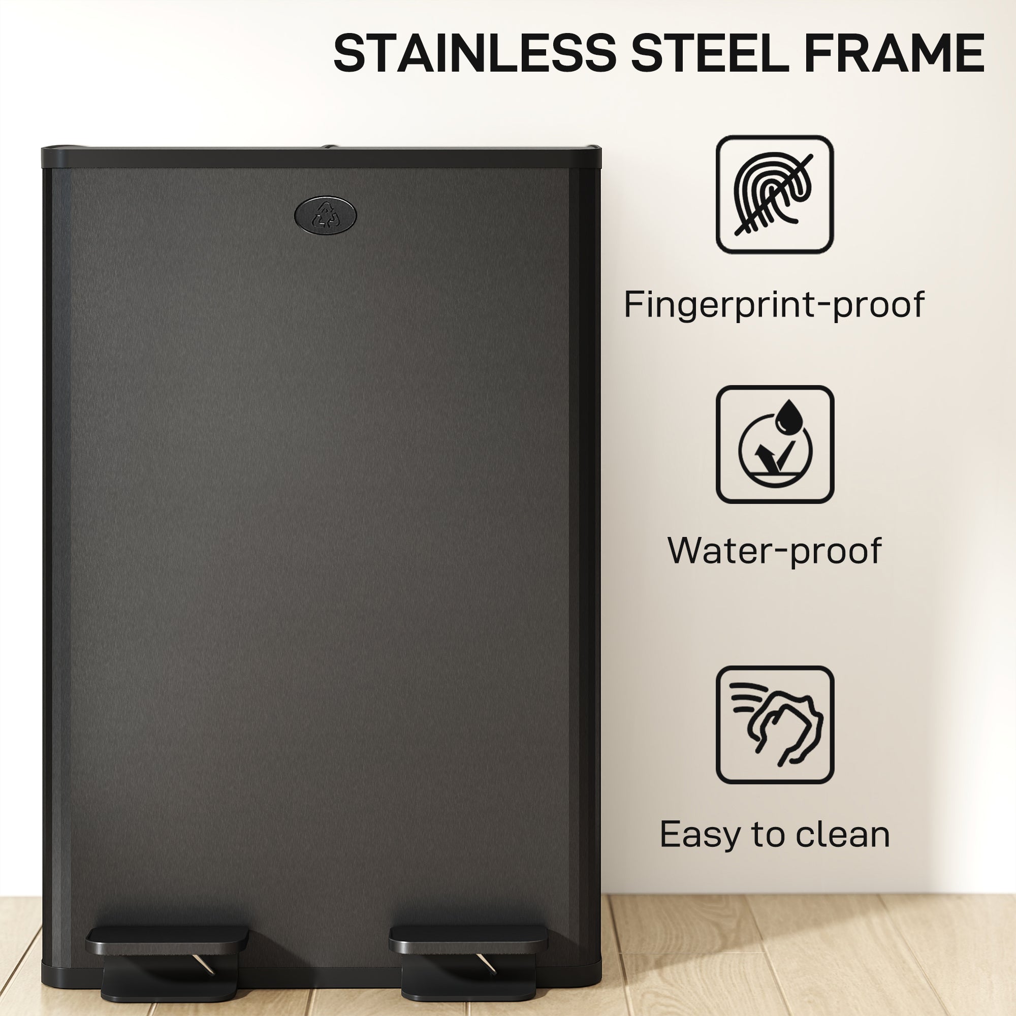 HOMCOM 56L Dual Compartment Stainless Steel Bin, with Deodoriser Holders - Black 