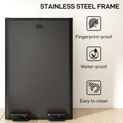 HOMCOM 56L Dual Compartment Stainless Steel Bin, with Deodoriser Holders - Black 