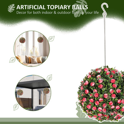 HOMCOM Set of 2 Decorative Artificial Plants, UV-protected Artificial Plant Topiary Rose Balls, Fake Plants for Home Indoor outdoor Decor, 28cm, Pink 