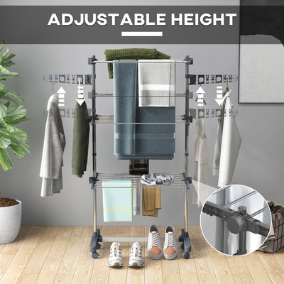 HOMCOM Three-Shelf Collapsing Clothes Horse, With Side Arms and Wheels - Grey 