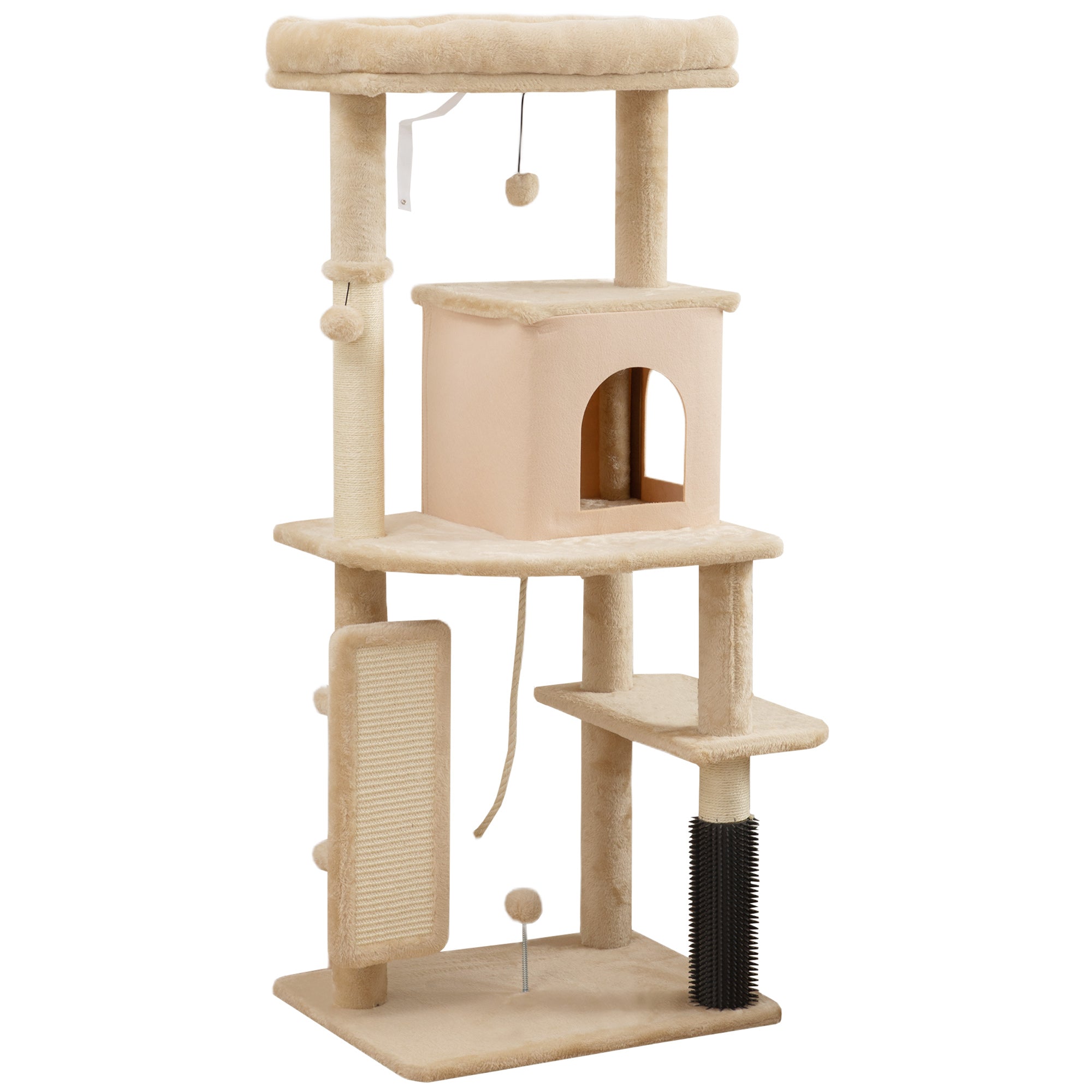 PawHut 132cm Cat Tree w/ Scratching Posts, Pad, Cat Bed, Cat House, Jumping Platform, Grooming Brush, Anti-Tip Kit, Beige 