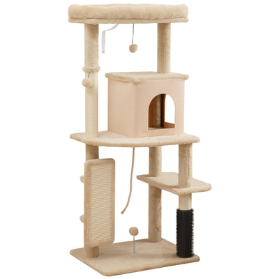 PawHut 132cm Cat Tree w/ Scratching Posts, Pad, Cat Bed, Cat House, Jumping Platform, Grooming Brush, Anti-Tip Kit, Beige 