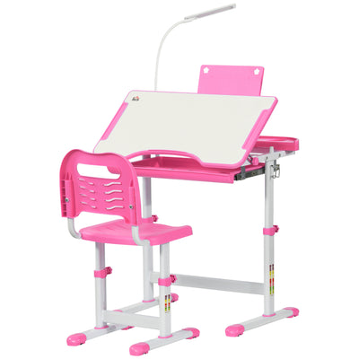 HOMCOM Kids Study Desk and Chair Set w/ Adjustable Height, Storage, Drawer, Pink 