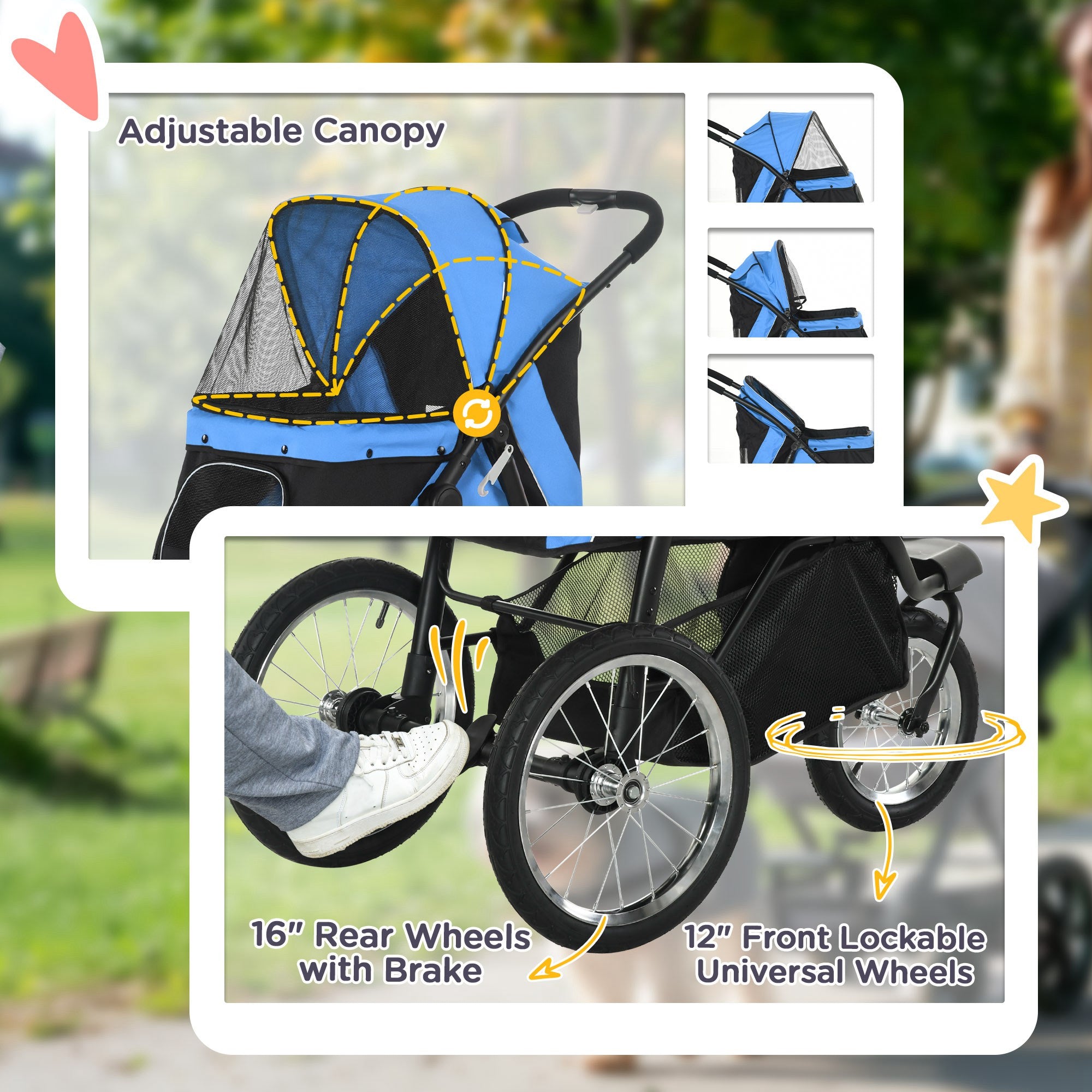 PawHut Dog Pram Dog Stroller Jogger Foldable Pet Pushchair for Medium, Small Dogs, w/ Rubber Wheels, Washable Cushion - Blue 