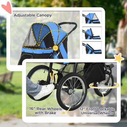 PawHut Dog Pram Dog Stroller Jogger Foldable Pet Pushchair for Medium, Small Dogs, w/ Rubber Wheels, Washable Cushion - Blue 