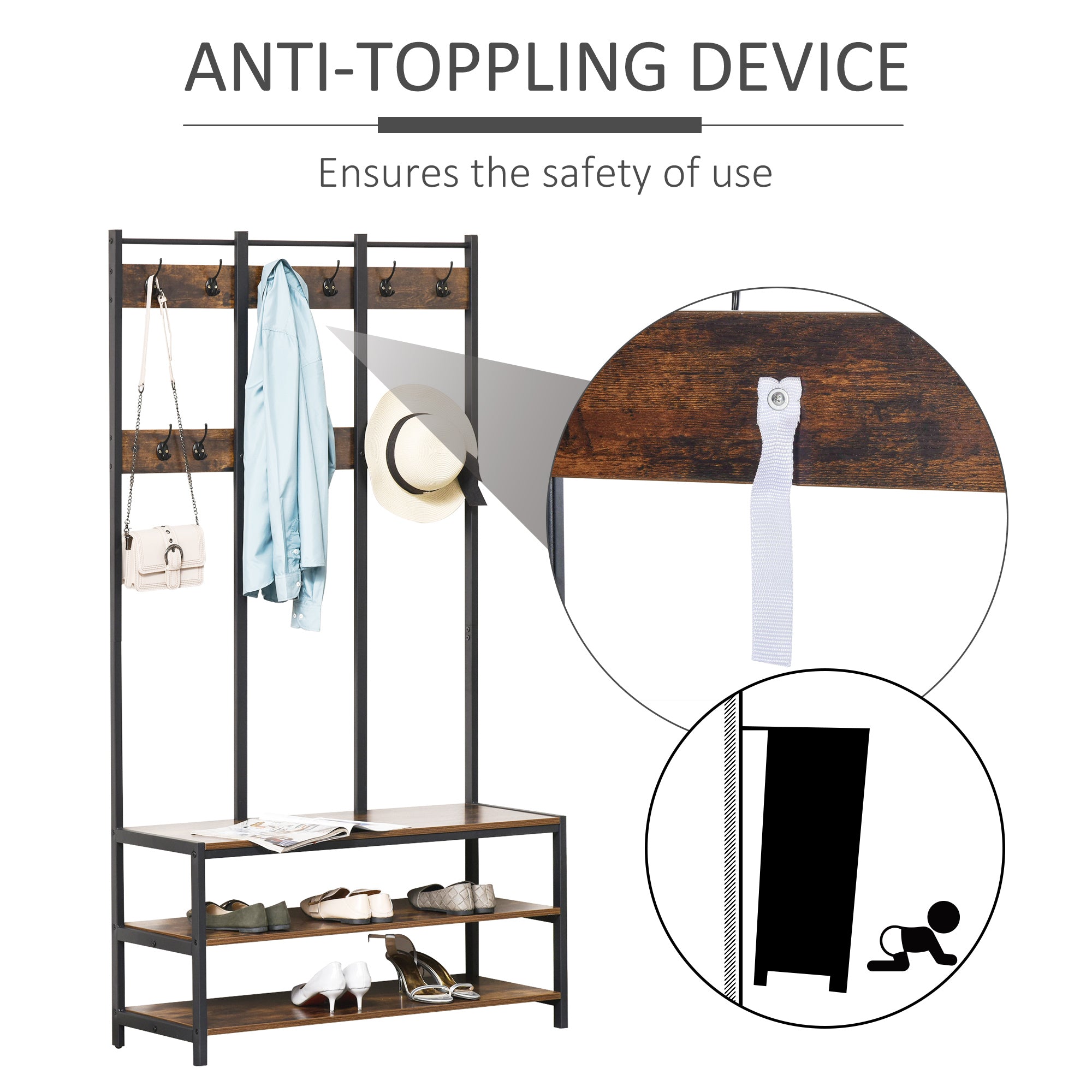 HOMCOM Coat Rack Stand, Free Standing Hall Tree, Coat Stand with Hooks, Bench and Shoe Rack, 100cm x 40cm x 184cm, Industrial Style, Rustic Brown and Black 