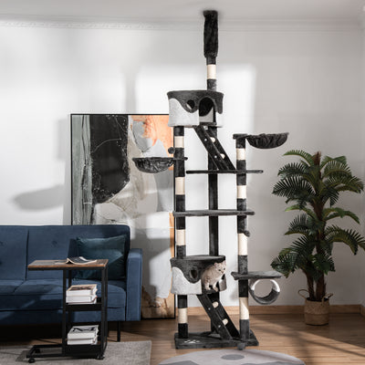 PawHut Floor-to-Ceiling Cat Tree for Indoor Cats, 240-260cm Adjustable Cat Tree - White 