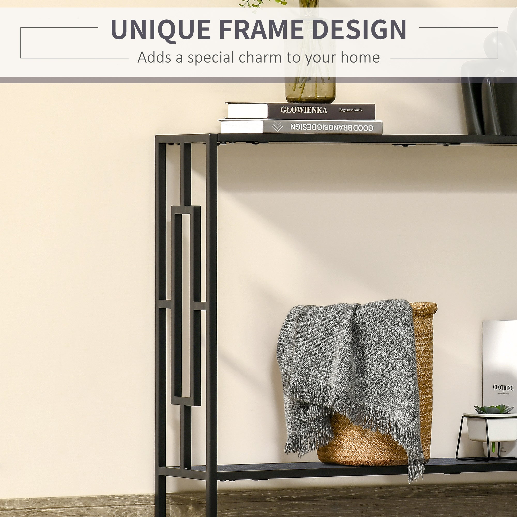 HOMCOM Industrial Console Table with Storage Shelf, Narrow Hallway Dressing Desk with Metal Frame for Living Room, Bedroom, Grey and Black 