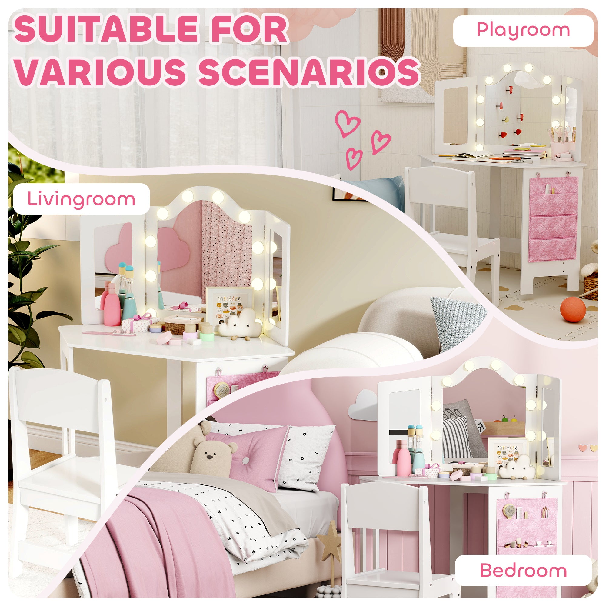 AIYAPLAY Kids Dressing Table and Stool Set, Girls Vanity Table with 2-Colour LED Lights, Tri-Folding Mirror, White 