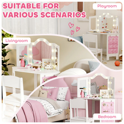 AIYAPLAY Kids Dressing Table and Stool Set, Girls Vanity Table with 2-Colour LED Lights, Tri-Folding Mirror, White 