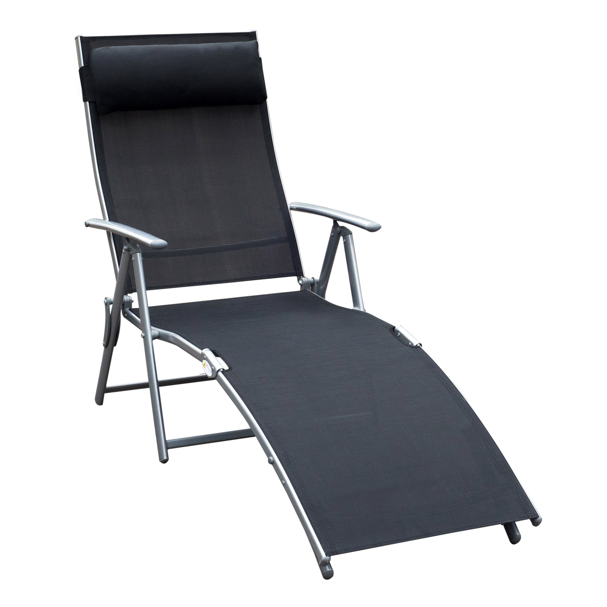 Outsunny Sun Lounger Steel Frame Outdoor Folding Chaise Texteline Lounge Chair Recliner with Headrest & 7 Levels Adjustable Backrest, Black 