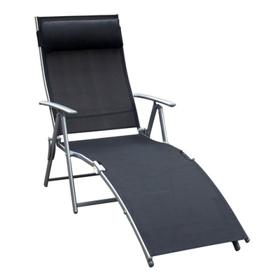 Outsunny Sun Lounger Steel Frame Outdoor Folding Chaise Texteline Lounge Chair Recliner with Headrest & 7 Levels Adjustable Backrest, Black 