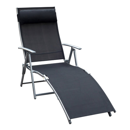Outsunny Sun Lounger Steel Frame Outdoor Folding Chaise Texteline Lounge Chair Recliner with Headrest & 7 Levels Adjustable Backrest, Black 