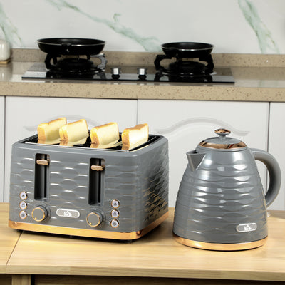 HOMCOM Kettle and Toaster Sets, 3000W 1.7L Rapid Boil Kettle & 4 Slice Toaster with 7 Browning Controls, Defrost, Reheat and Crumb Tray, Otter thermostat, Grey 