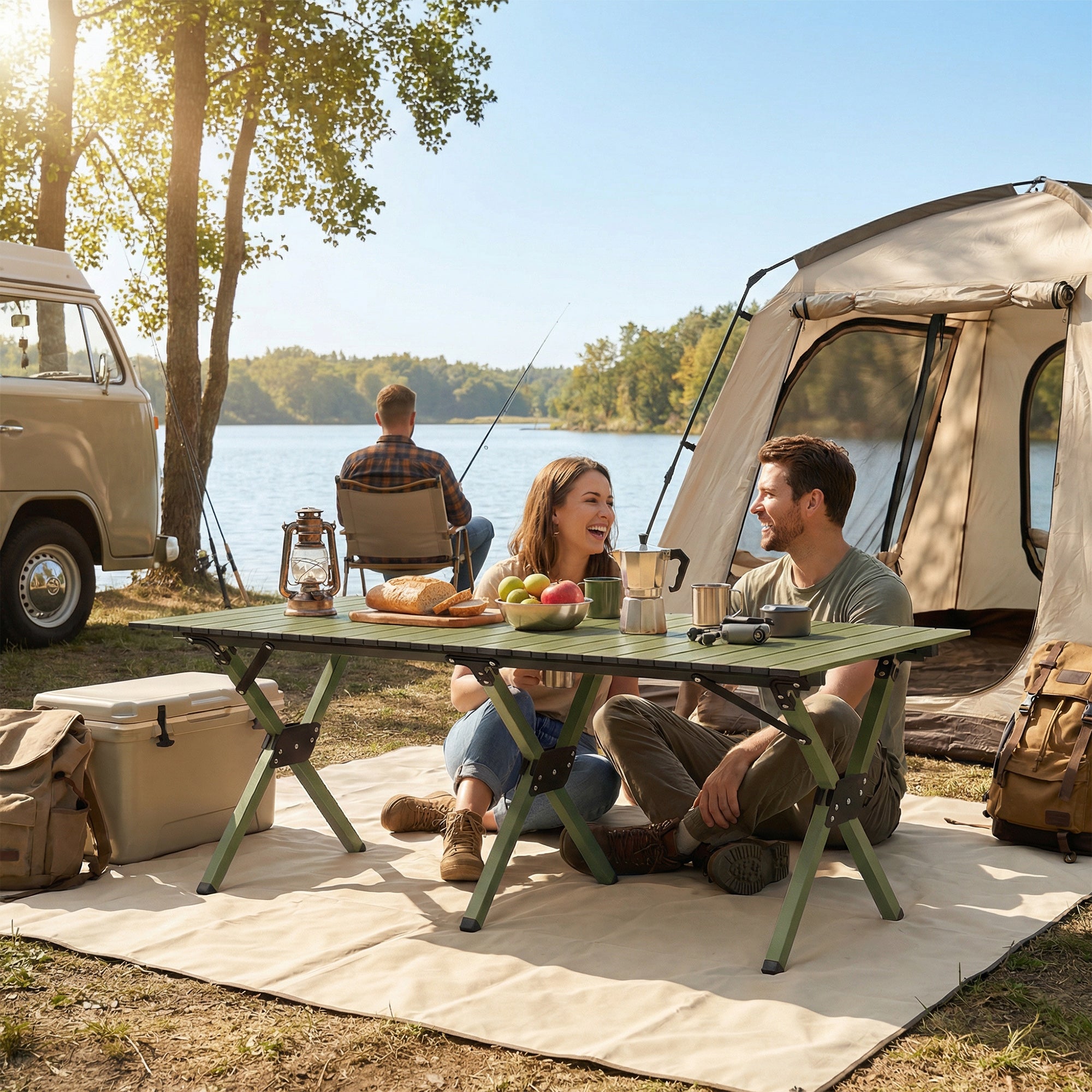 Outsunny 4ft Folding Camping Table, Waterproof Picnic Table with Roll Up Top and Metal Frame, Green 