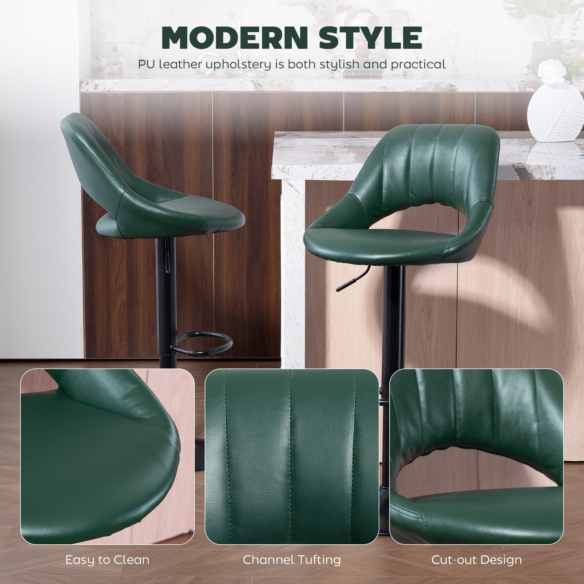 HOMCOM Set of Two Faux Leather Bar Stools - Dark Green 