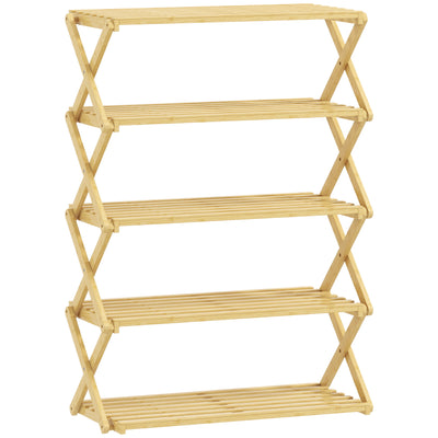 HOMCOM Five-Tier Folding Bamboo Shoe Rack - Natural Finish 