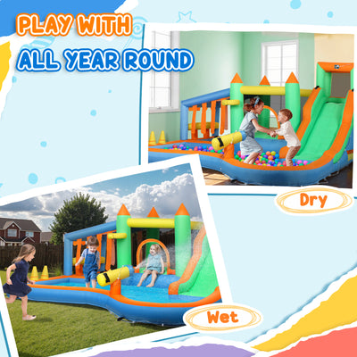 AIYAPLAY 8 in 1 Inflatable Bounce House with 680W Blower, Slide, 2 Pools, Basketball Hoop, Climbing Wall, Water Gun, Ring Toss 