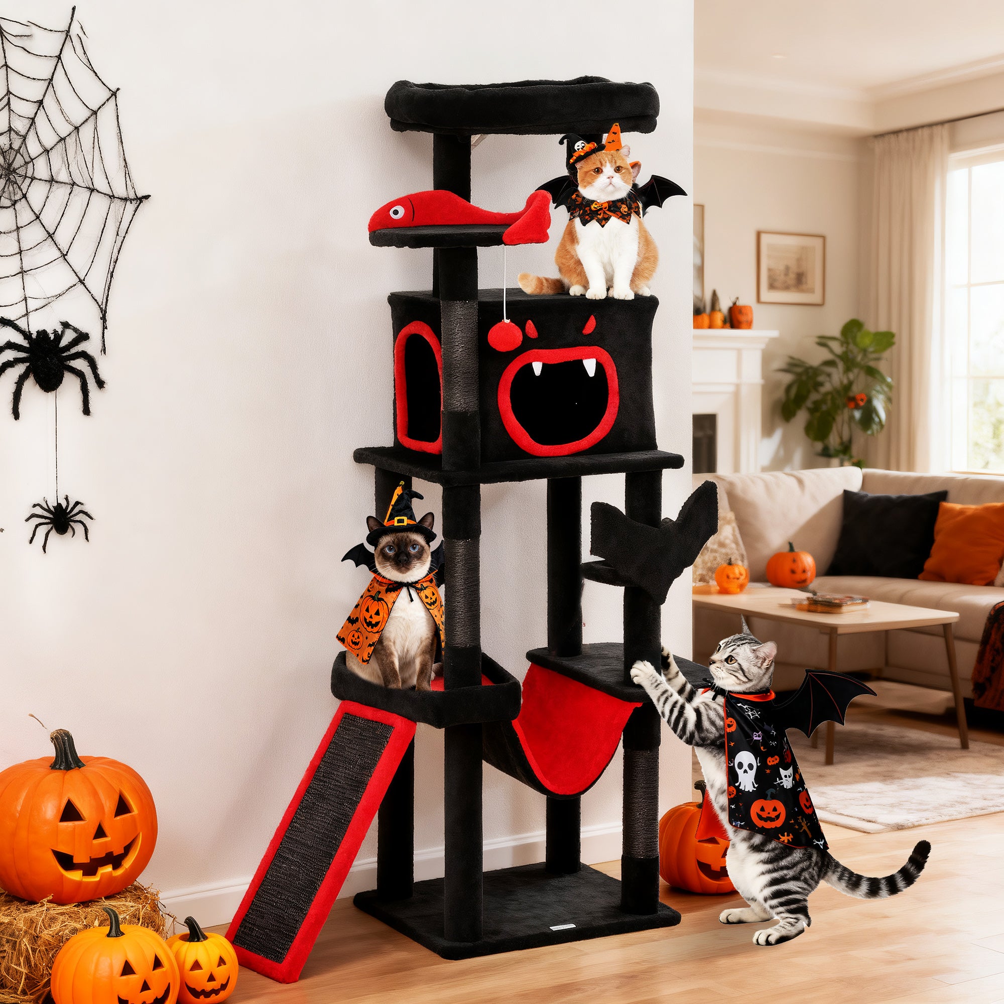 PawHut Gothic Cat Tree, 152 cm Multi-Level Cat Tower for Large Cats with Coffin Bed, Large Condo, for Halloween 
