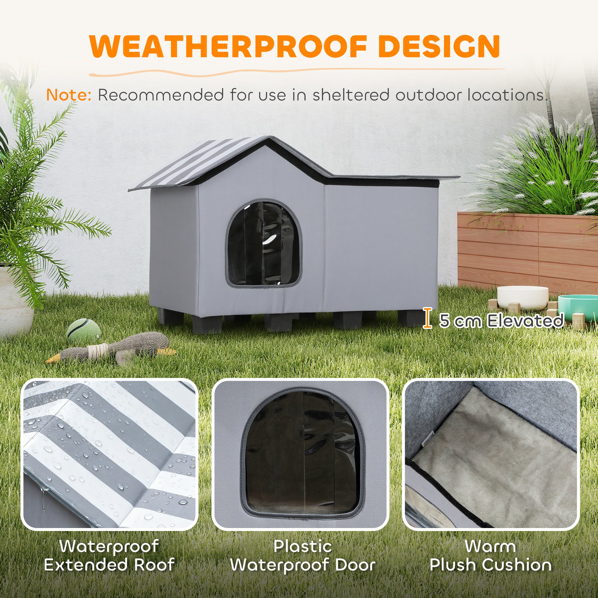 PawHut Outdoor Cat House, Weather Resistant Feral Cat Cave with Elevated Base and Cushion for Winter, Grey 